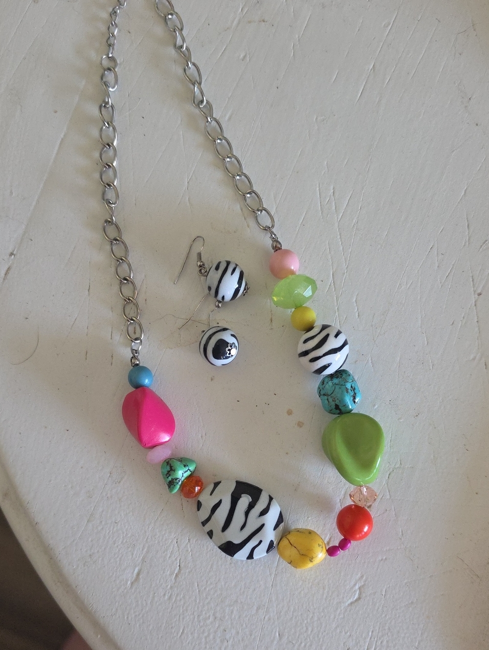 Colorful Beaded Zebra Accent Necklace and Earrings
